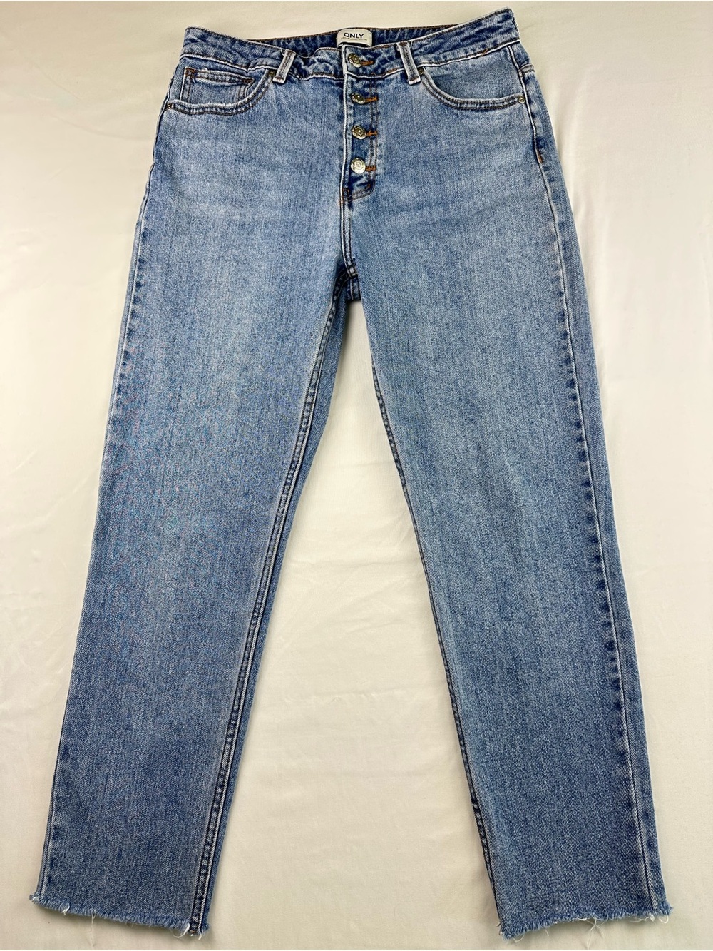 ONLY High Waisted Straight Leg Jeans Light Wash Blue Button Fly Raw Hem Sz 29